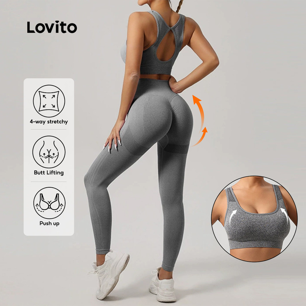 Lovito Conjunto Esportivo Push Up Cross Back Sutiã Cintura Alta Yoga LNA109029 em Oferta na Shopee