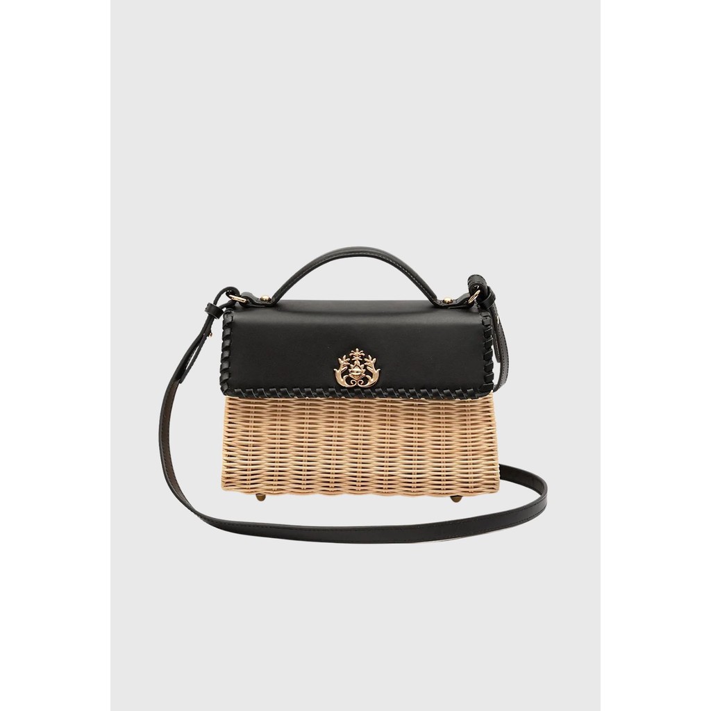 Bolsa Selene Satchel Em Rattan e Couro Preto Isla
