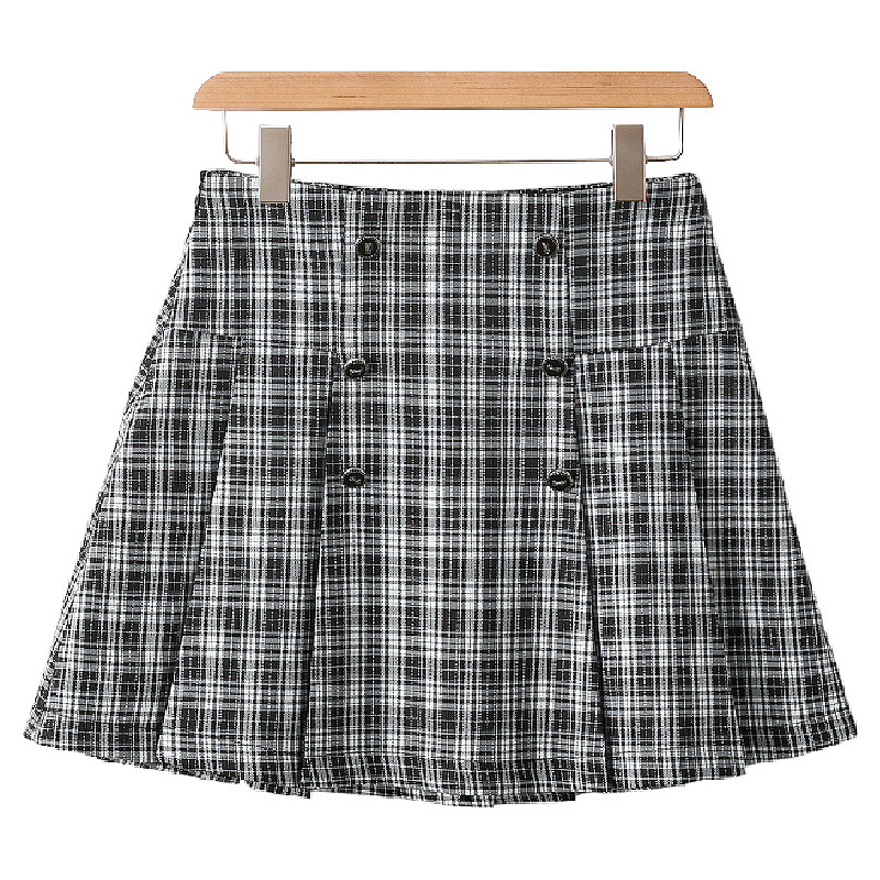[Baba] 26 verão novo estilo marca desconto feminino cintura alta xadrez estilo Preppy saia curta 098