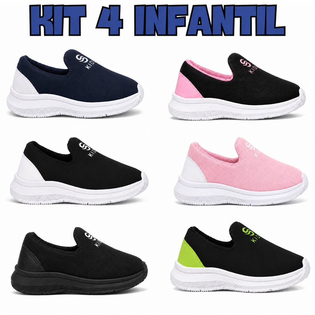 Kit 4 Pares Tênis Infantil Iate Slip On Leve Confortável Fácil de Calçar Para Escola Frete Grátis