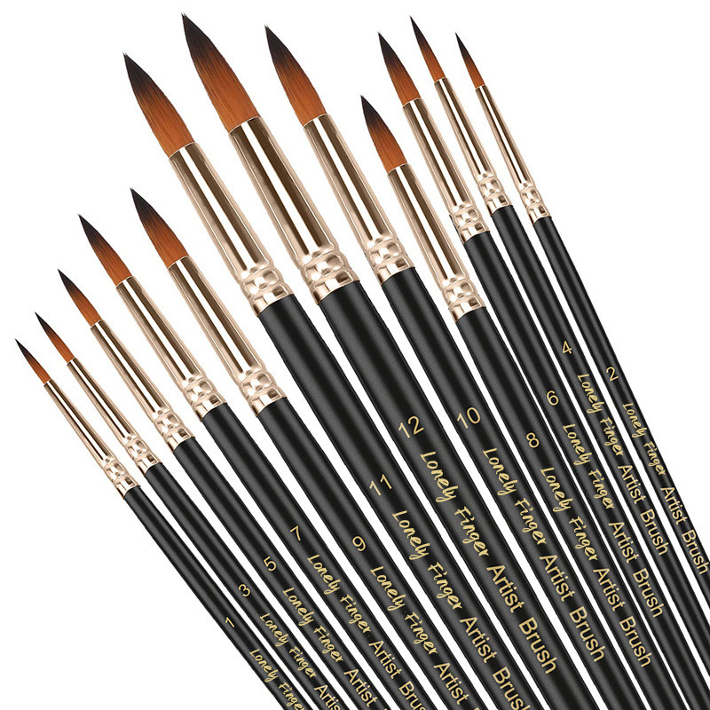 Conjunto De Pincéis De Pintura Profissional , 12 Peças , Ponta Redonda , Cabelo De Nylon , Pincel Acrílico Para A Óleo W