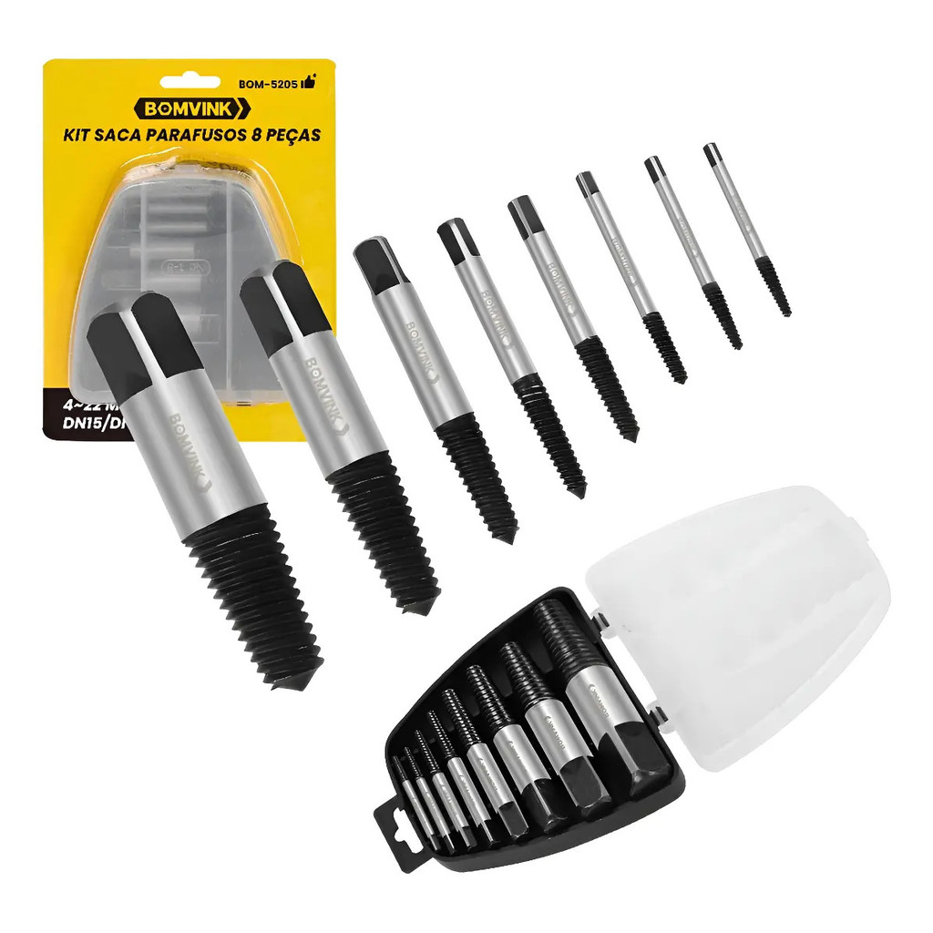 Kit 8 Peças Saca Parafuso Extrator Parafuso Espanado Quebrado Bomvink BOM-5205 Aço Temperado + Estojo