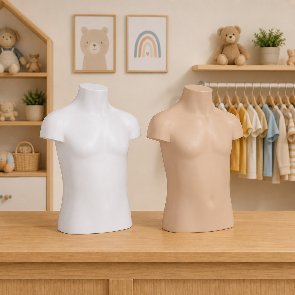 Busto infantil manequim expositor para roupas blusas acessórios meio corpo plástico unissex masculino e feminino