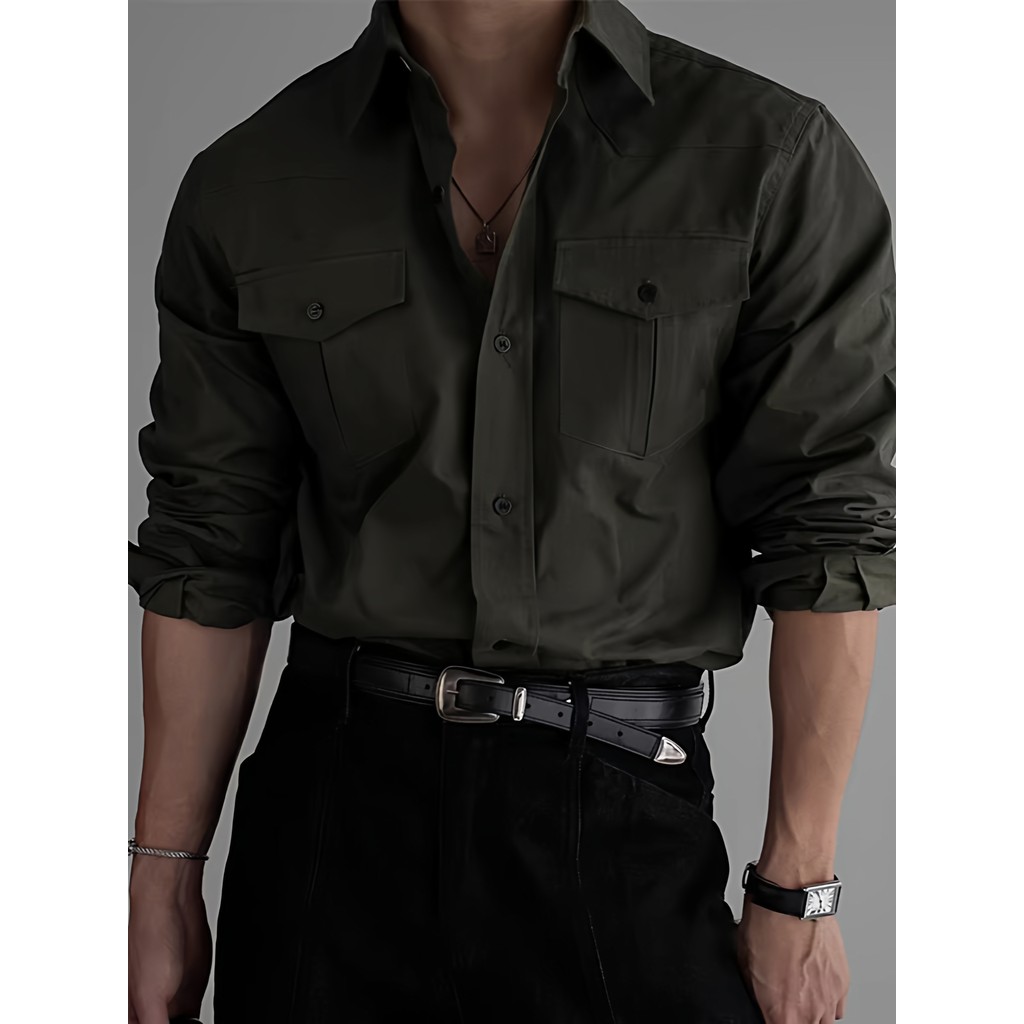 Americano Retro cara resistente ferramentas camisa duplo bolso Design camisa masculina primavera outono High-End exércit
