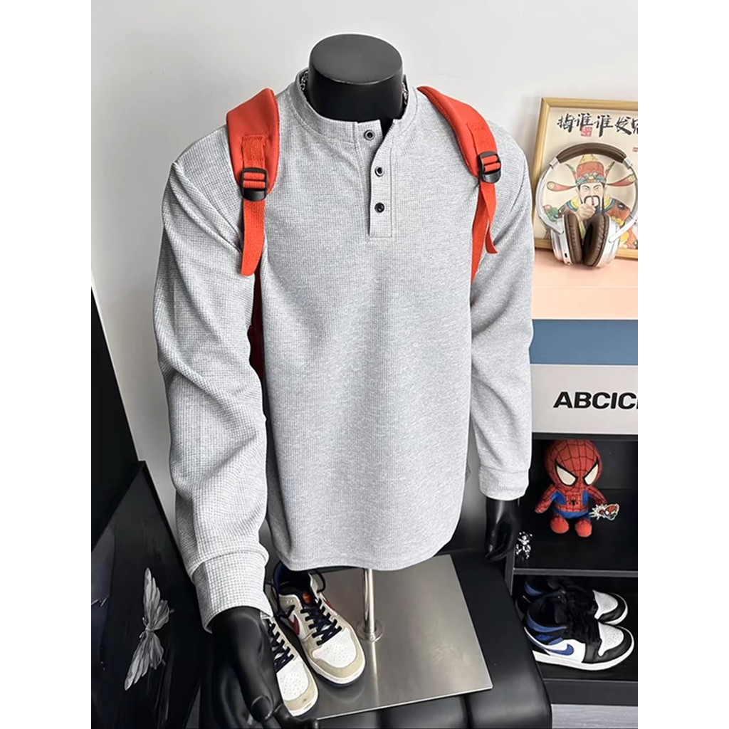 Preto americano Henry colarinho moletom masculino primavera outono Waffle manga comprida camiseta High-End sentimento ru