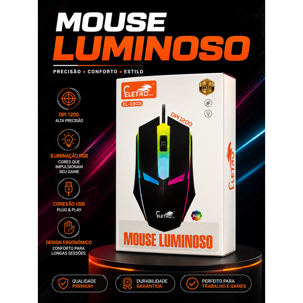 Mouse Gamer RGB Eletro EL-2203 USB com Iluminação LED Colorida – DPI 1200
