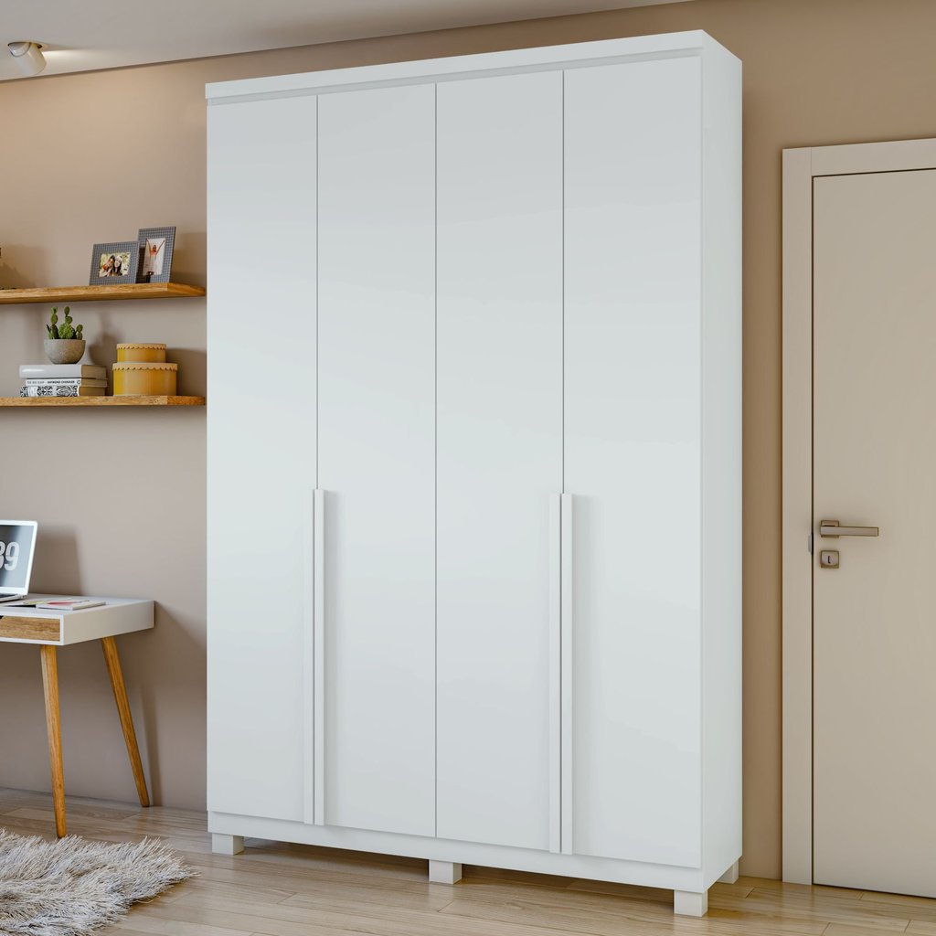 Guarda Roupa Solteiro 4 Portas 2 Gavetas com Pés MDF Alonzo 153.5cm Branco Branco