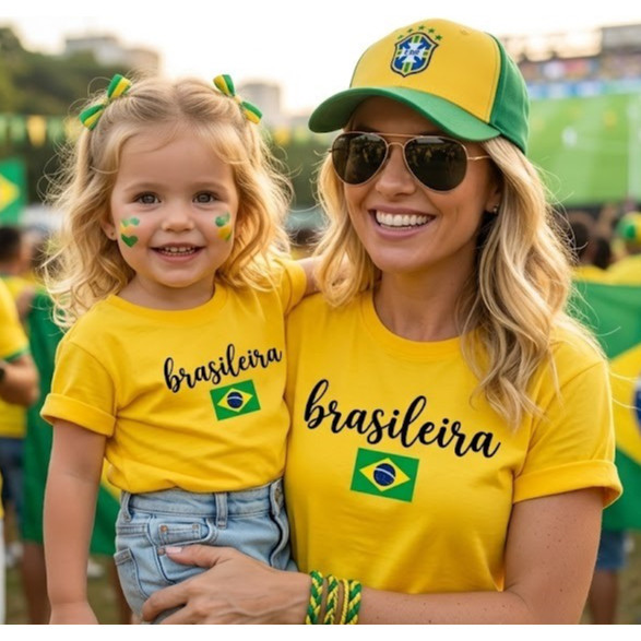 Camiseta Feminina Brasileira BRASIL Adulto e Infantil Menina Seleção Brasileira ADULTO Familia Copa Do Mundo 2026 Mulher