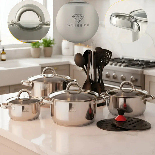 Jogo de Panelas 19 Peças Inox Genebra Tampa de Vidro Temperado Antiaderente Cozinha Completo Aço Inoxidável Lava-Louças