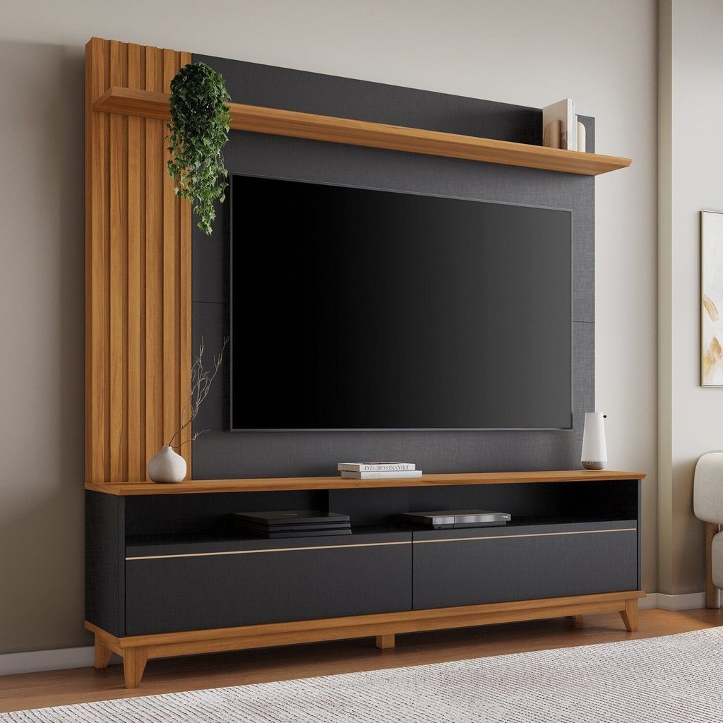 Estante e Home Theater Ripado para TV até 65 Polegadas 162,6cmx183,8cm Pés em Madeira Maciça Detalhe da Nt 1335