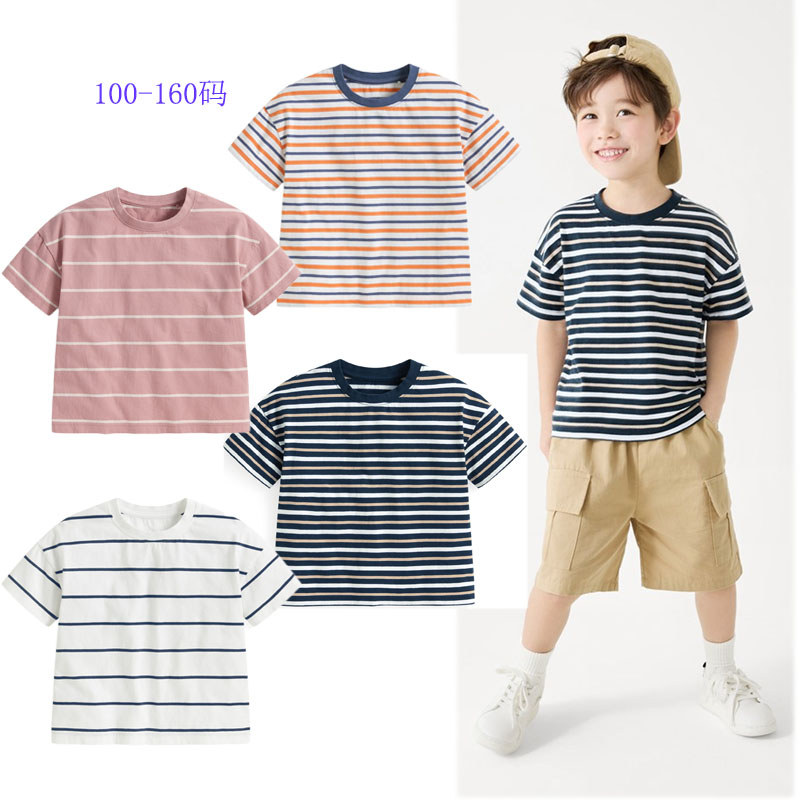 Crianças roupas de verão meninos puro algodão fino manga curta camiseta clássico generoso listrado meia manga camisa méd