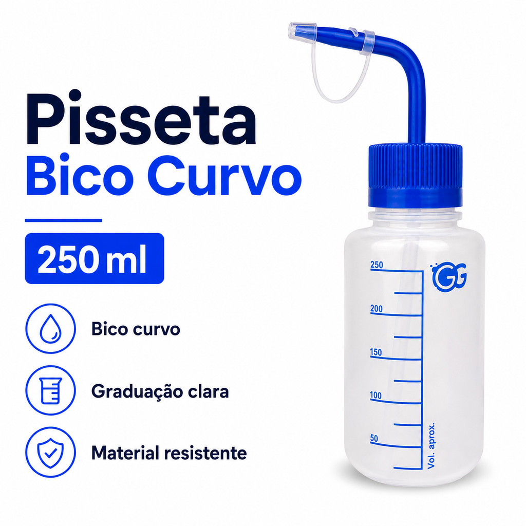 Pisseta Graduada Bico Curvo 250ml Almotolia Frasco Plástico Laboratório Dosador Líquidos