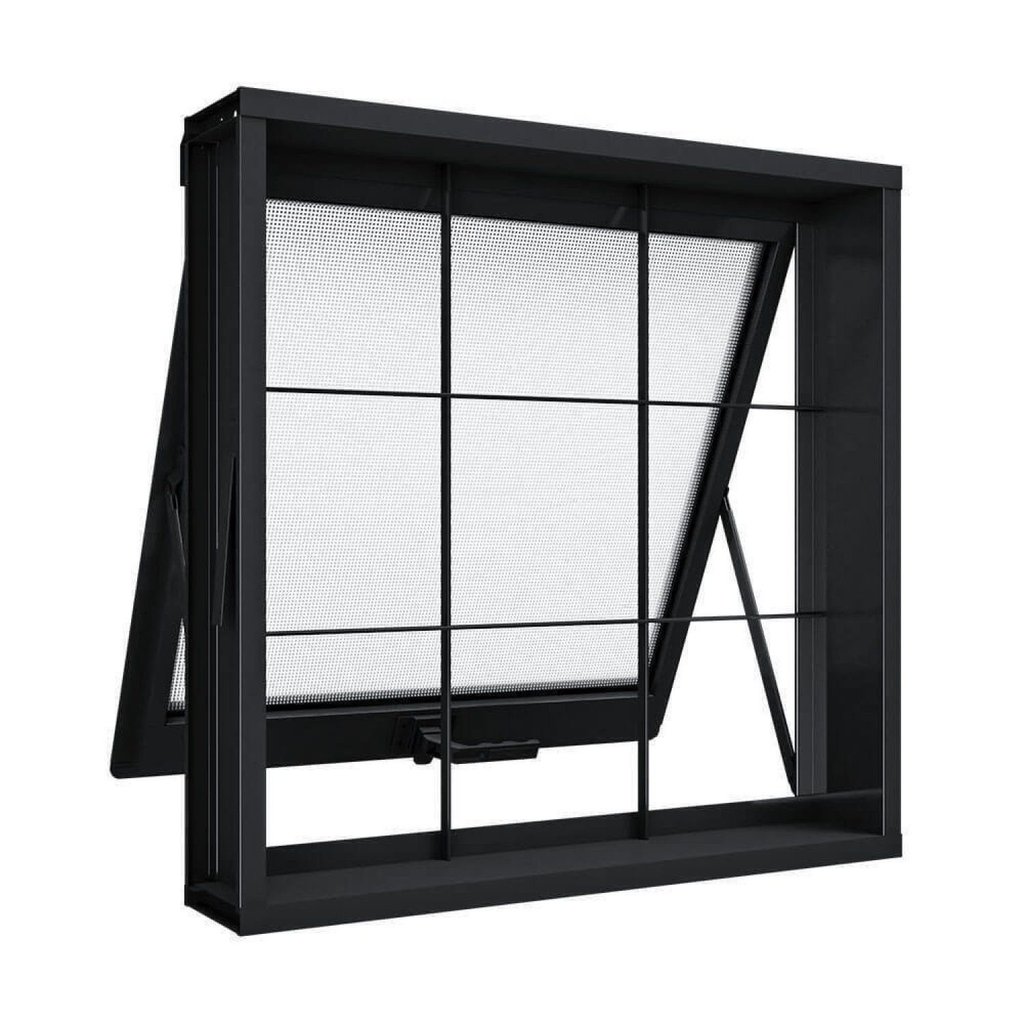 Janela de Aço Maxim-ar com Grade Quadrada 60x80cm Aço Pronto Riobras Preto
