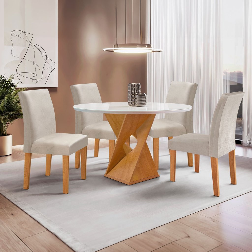 Conjunto Mesa Barcelona 100cm com 4 Cadeiras Espanha Tampo Slim Plus Redondo Vidro Yescasa Cinamomo/Off White/Boucle