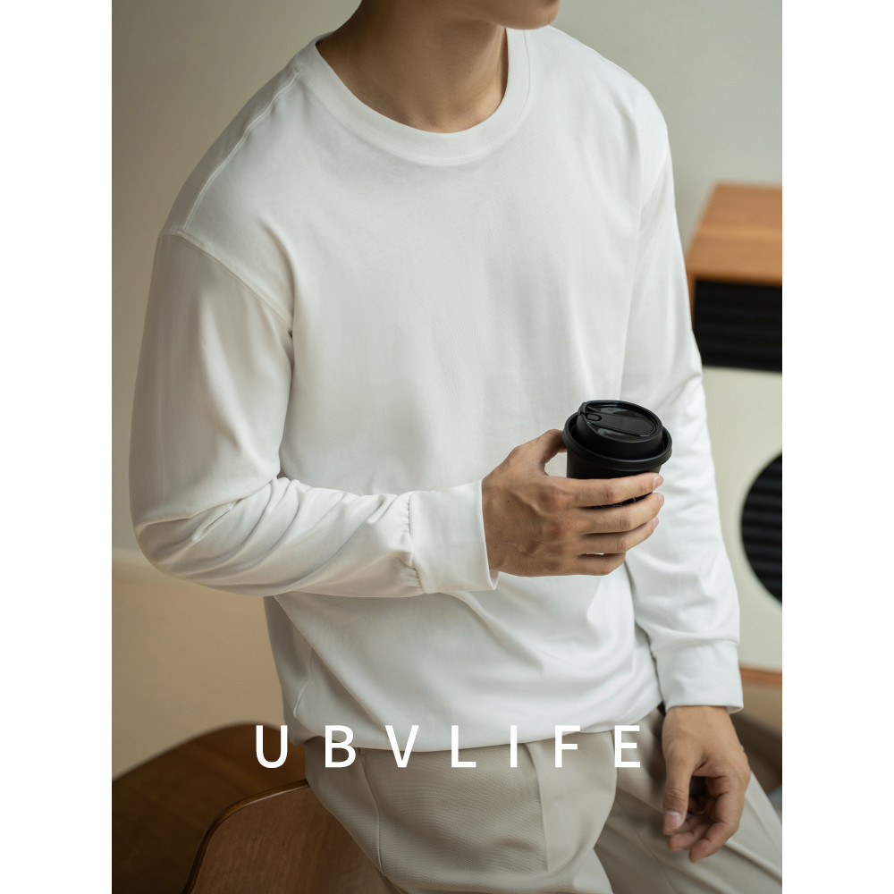 UBV pesado Retro puro algodão 260G americano branco camisa de fundo de manga comprida camiseta masculina 2025 primavera 