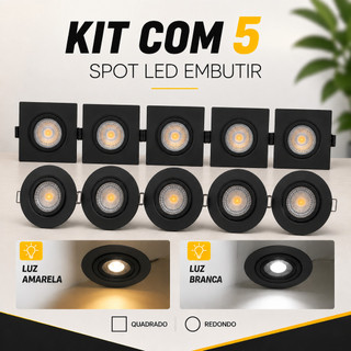 Kit 5 Spot embutir Luminárias Led Preto Quadrado Redondo Embutir 3000k 4000K 6500k 5W/7W Bivolt 110v/220v Supimpa Gesso