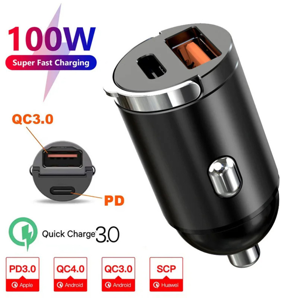 100W Mini Carregador De Carro 12-24V Adaptador De Isqueiro QC3.0 PD Carregamento Rápido USB Tipo C Telefone Para