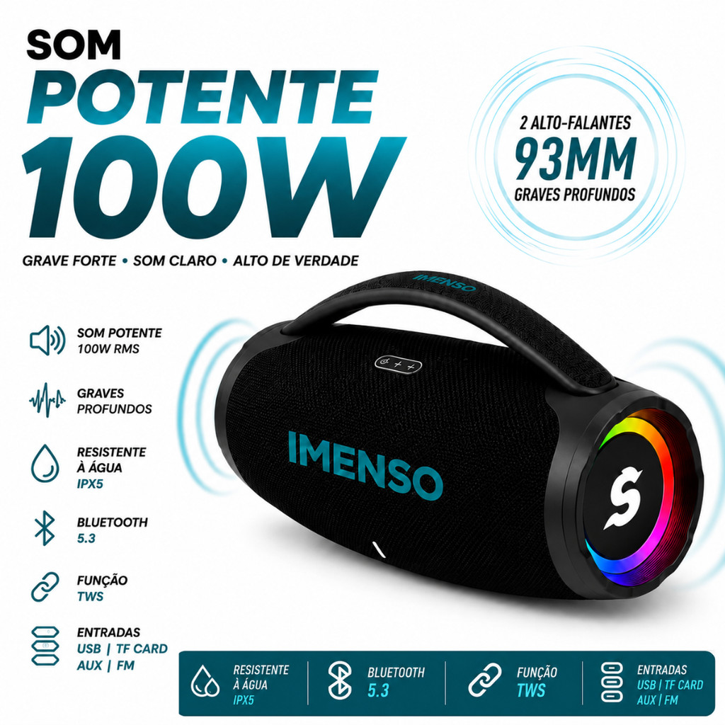 Caixa De Som Imenso IMS-X35 A 100W Bluetooth Portátil RGB IPX5 TWS USB AUX FM Som Limpo IMENSO