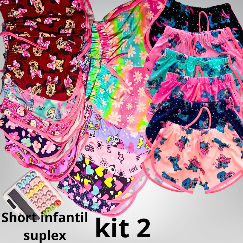 Kit 2 short verão infantil estampas sortidas coloridas meninas