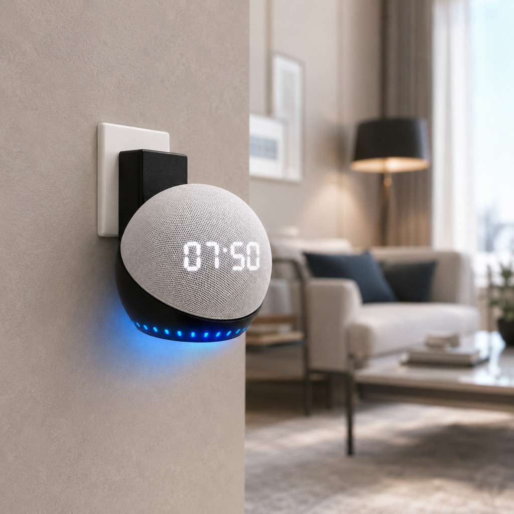 Suporte Tomada Amazon Alexa Echo Dot 4 e 5 Geração Sem Furadeira Organiza Fios Preto/Branco