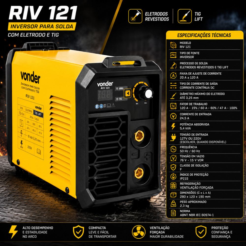 Kit Máquina De Solda Inversora Vonder 120A + Máscara MSN 011 + 6 Esquadros Magnéticos Tech 12kg — imagem 2 de 2