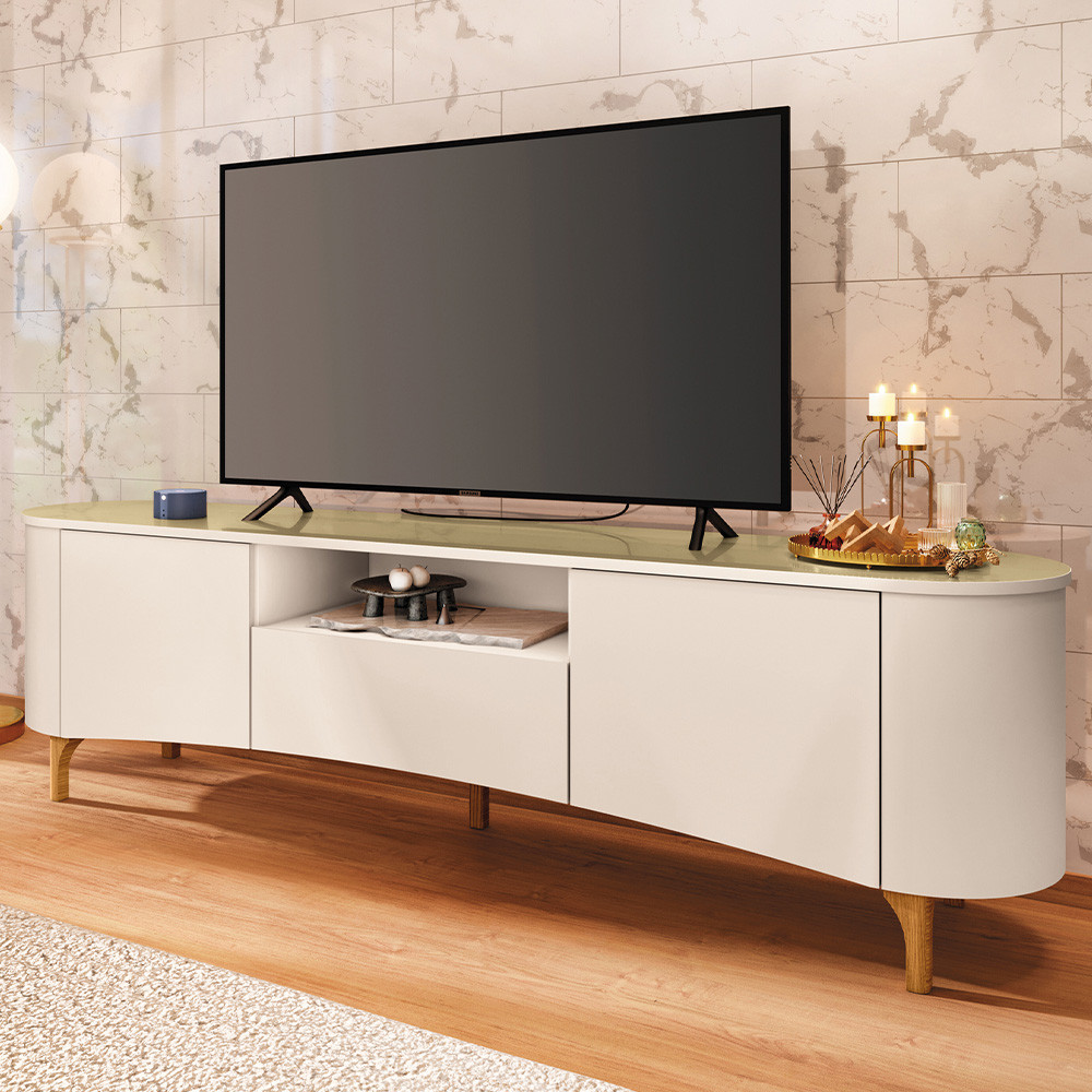 Rack Para Sala de Estar TV 80 Pol Orgânico 201cm Martina B01 Off White Champanhe - Lyam Decor