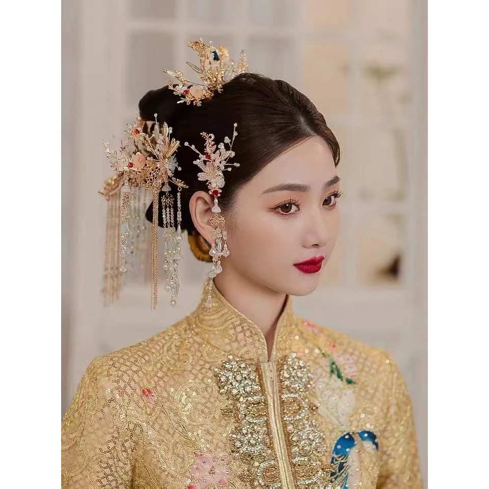 Cocar de noiva chinês estilo clássico dourado Xiuhe acessórios de roupas vestido dragão Phoenix conjunto de várias peças