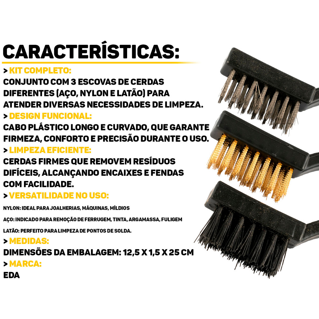 Jogo Escovas Mini Multiuso 3 Peças Aço Nylon Latão Limpeza Multiuso Profissional Cabo Plástico Eda Original · foto 2