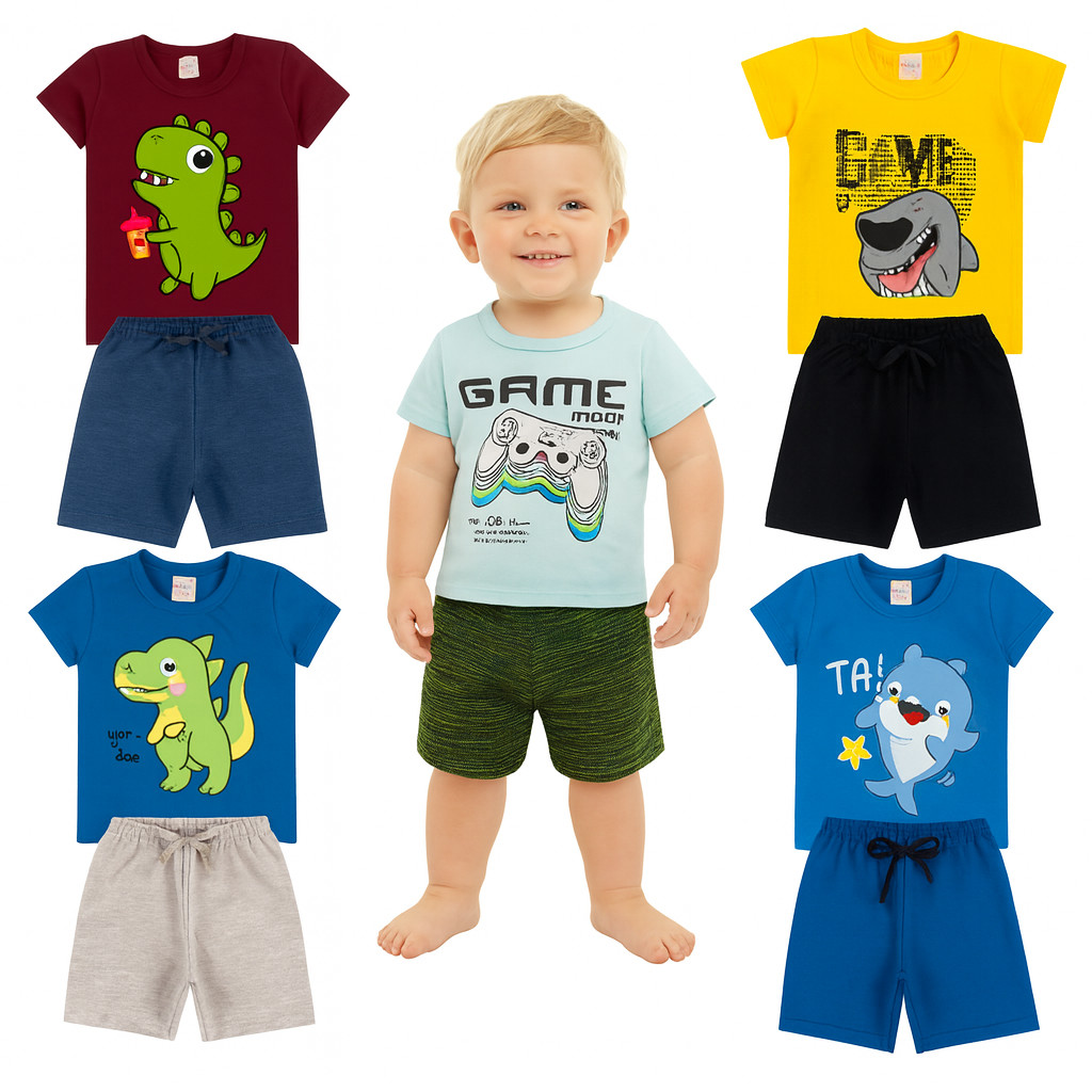 Kit 4 Peças De Roupa Infantil Menino = Kit com 2 ou 1 Conjuntos Masculino de Verão - Conjuntos Sortidos Verão Menino