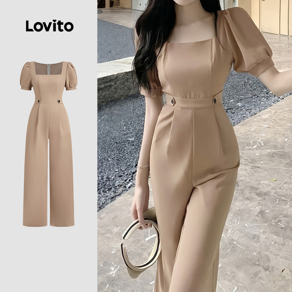 (New) Lovito Macacão Casual com Botões Primavera/verão em Caqui para Mulheres L150AD1897 em Oferta na Shopee
