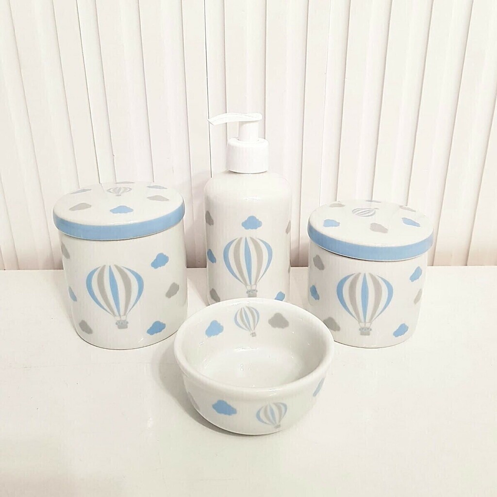Kit Higiene Bebê - Conjunto Porcelana Balão Azul