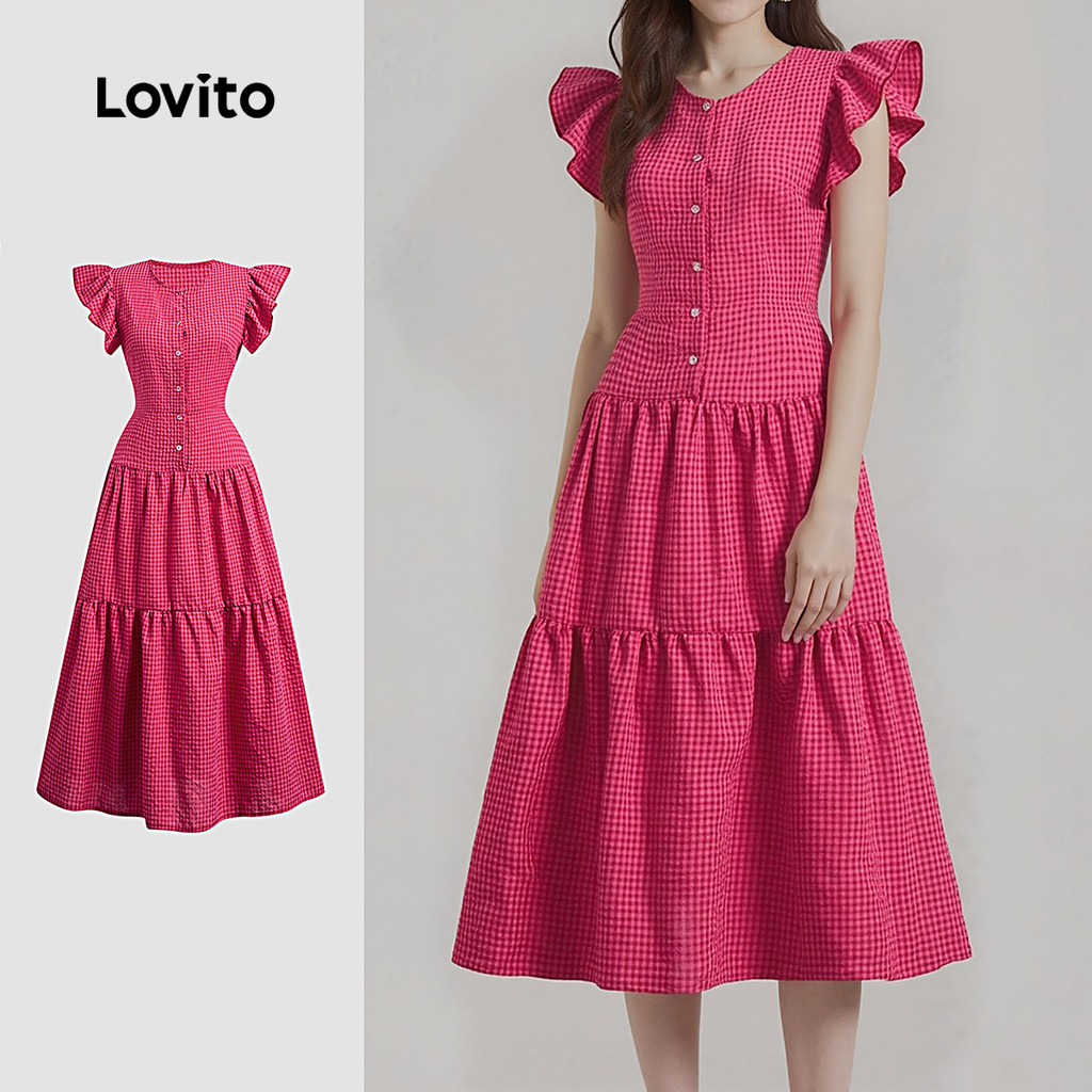(NEW) Lovito Vestido Casual Geométrico Primavera/verão Vermelho Rosa para Mulheres L149ED1233 em Oferta na Shopee