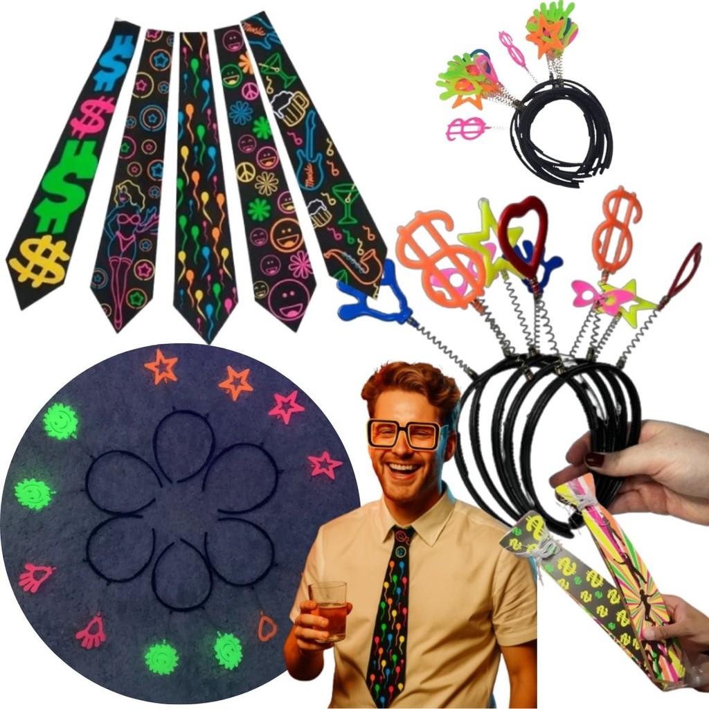 Kit Balada Neon 40 Itens - 20 Tiaras 20 Gravatas para Festas Temáticas e Eventos Especiais