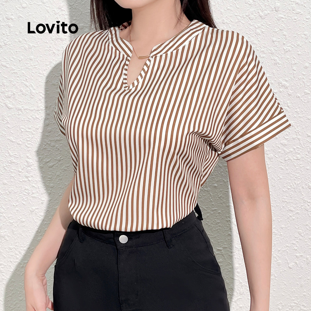 Detalhes do Lovito Blusa Casual com Enchimento Macia e Confortável para Primavera/verão Blusa Caqui para Mulheres L138ED1972