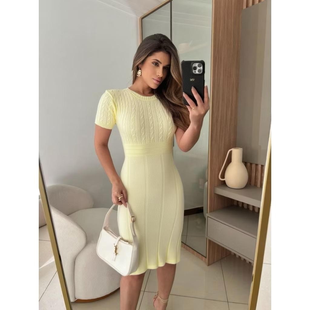 Vestido Tricô Modal Manga Curta Feminino em Oferta na Shopee