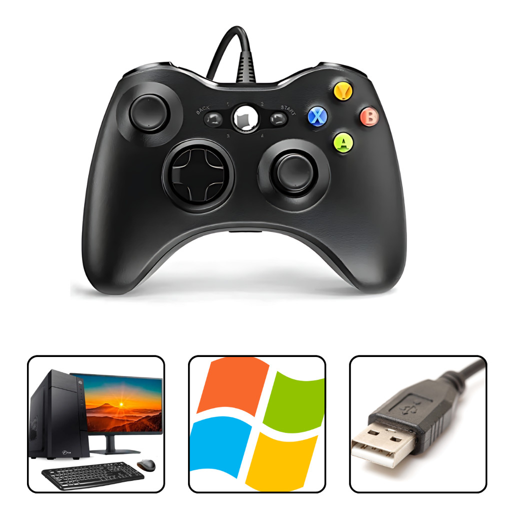 Controle Gamer Com Fio 2m Joystick Compatível com Xbox 360, PS3 e PC