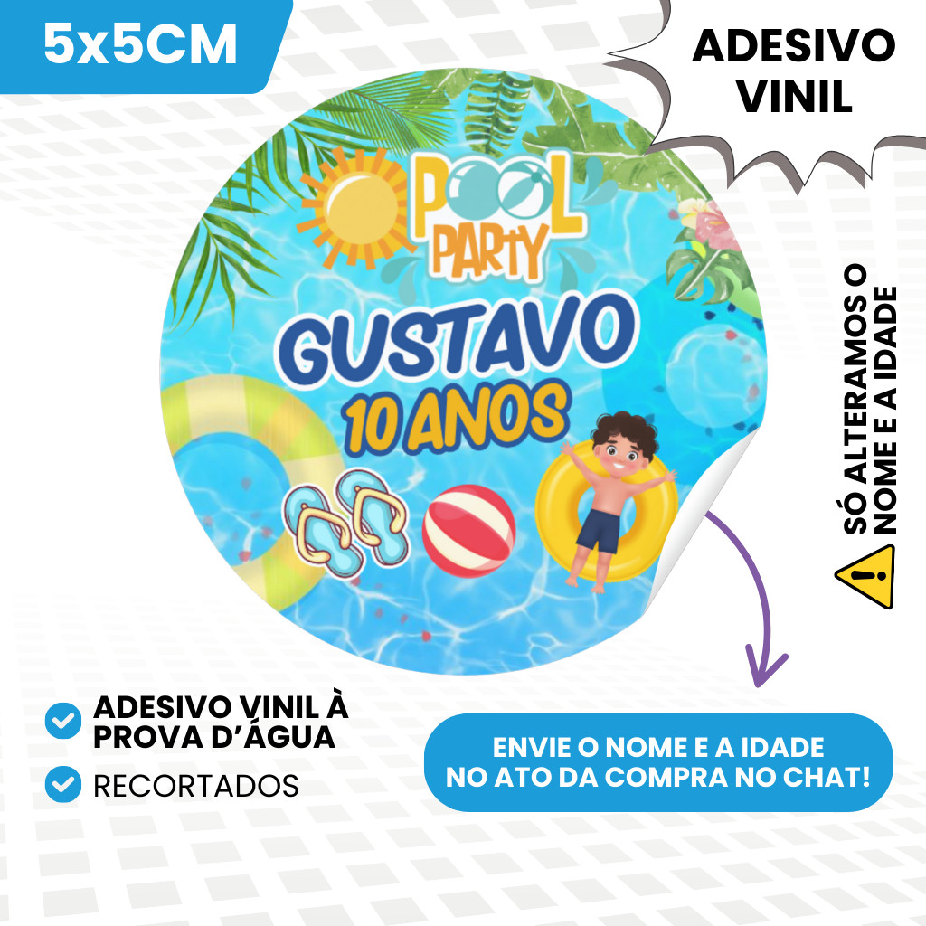 Adesivos Vinil 5x5cm Personalizados Para Lembrancinhas de Aniversário Infantil Menino Pool Party