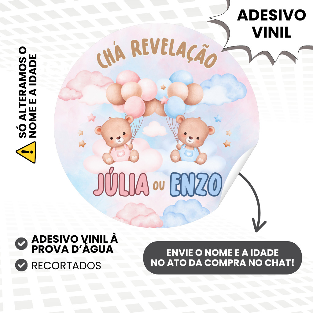 Adesivo Vinil Personalizado Chá Revelação para Lembrancinhas de Aniversário Infantil
