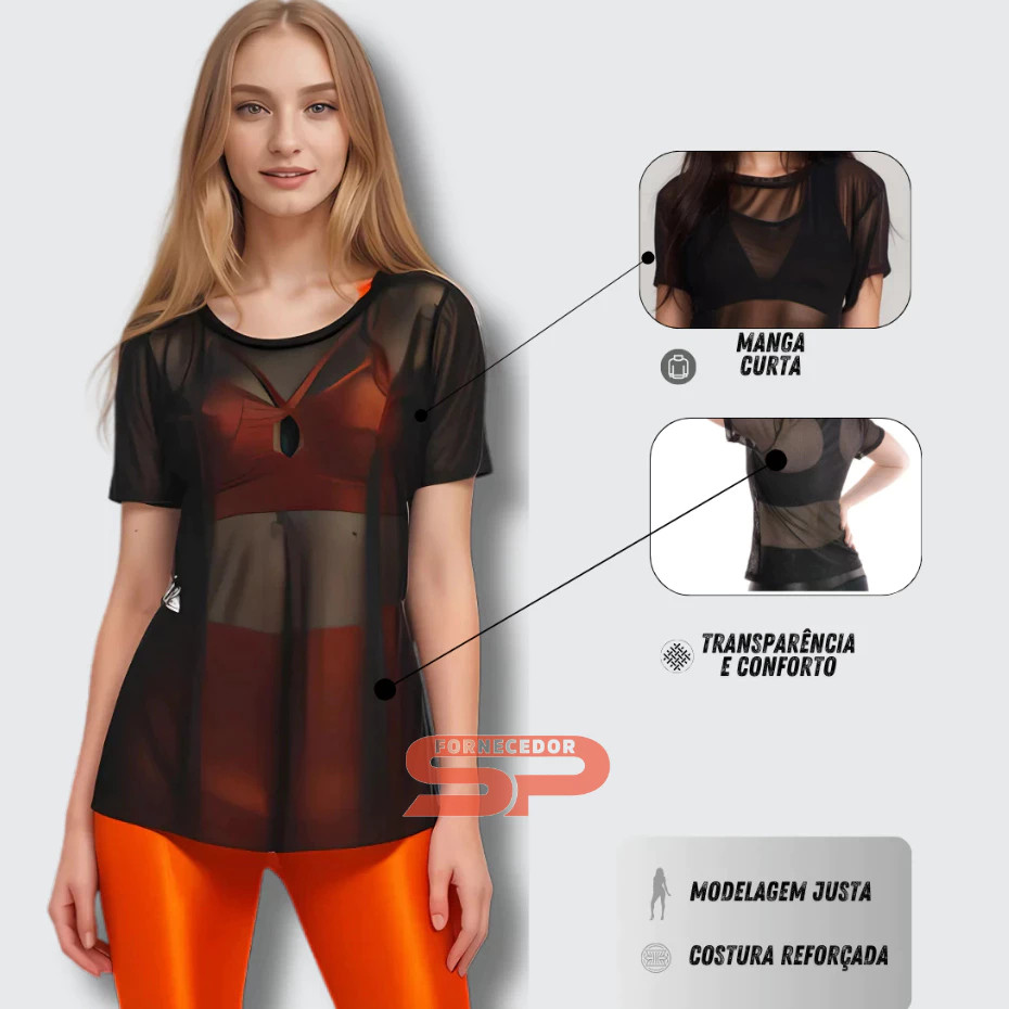 Blusa Tule Feminina Transparente De Academia Blusinha Verão Moda Fitness