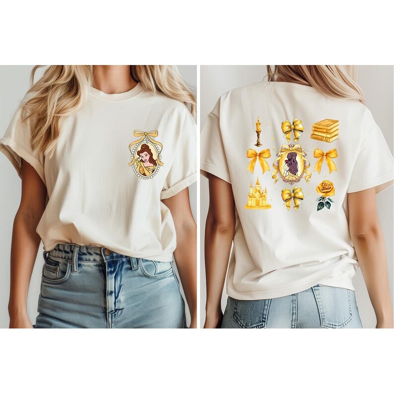 Camiseta Preta Unisex com Design da Princesa Bela e Elementos de "A Bela e a Fera", Estilo Pop Culture