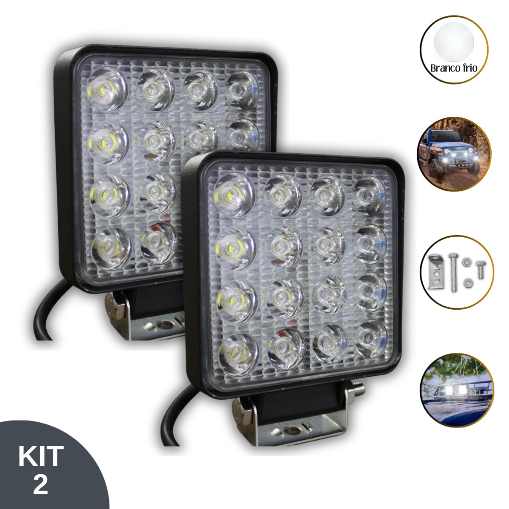 Kit 2 Farol de Milha Auxiliar 12V 48W 16 LEDS Quadrado Branco frio Picape Off-Road IP66 4X4 Caminhão