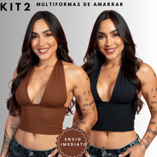Kit 2 Blusas Cropped Com Amarraçao Multiformas Decote Forado Festa Moda Gringa Decotado Suplex Sexy Sustentaçao em Oferta na Shopee