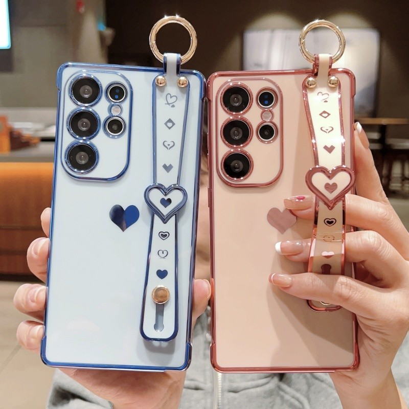 Amor Coração Pulseira De Pulso Chapeamento Caso Para Samsung Galaxy S25 S24 FE S23 UItra Plus Capa De Telefone À Prova D