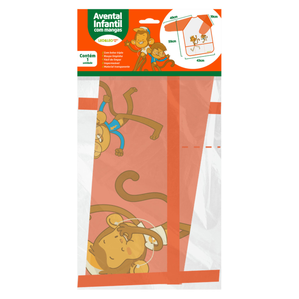 Detalhes do Avental Infantil Cristal com Bolso e Manga Comprida Leo&Leo - Blister com 1 Unidade