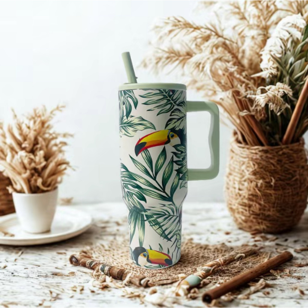 Copo Térmico 1200ml Fauna Tropical Inox com Tampa e Canudo Reutilizável – Estilo Verão em Oferta na Shopee