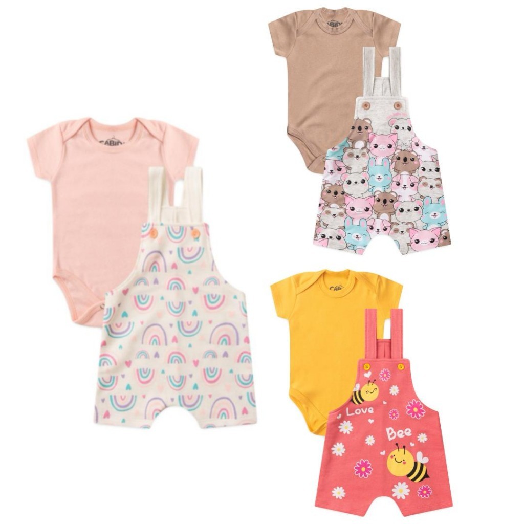 KIT 3 CONJUNTOS JARDINEIRA BEBÊ MENINA SUEDINE