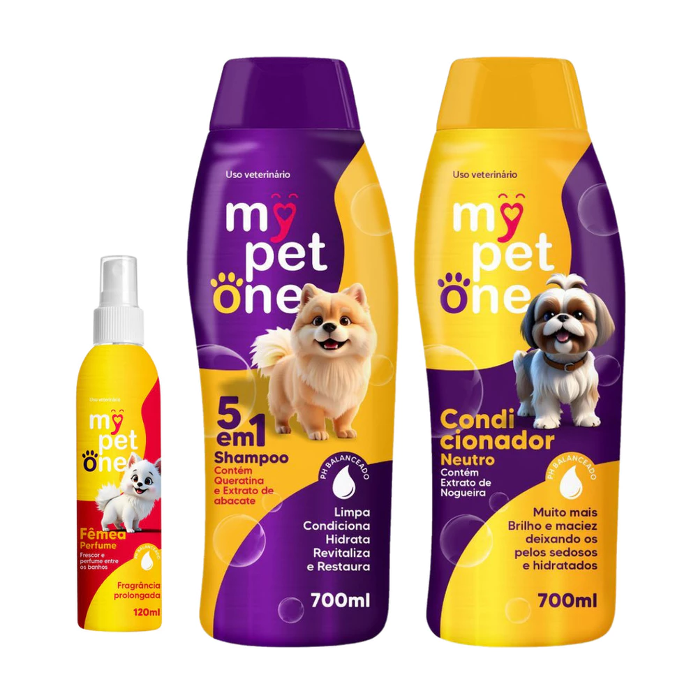 Kit Banho Higiene Shampoo 5 em 1 Creme Condicionador Perfume Pet Shop para Cachorro e Gato Mypetone