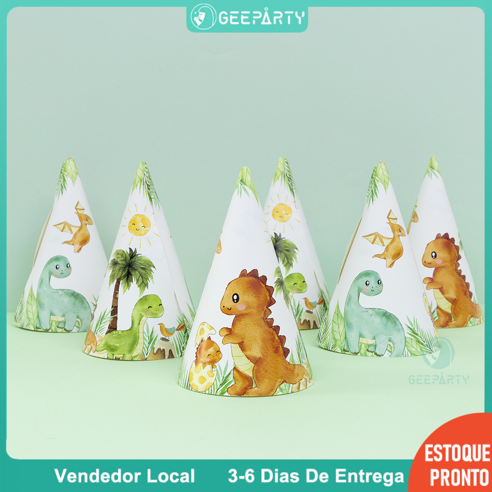 GeeParty 6 Peças De Chapéu De Aniversário De Dinossauro De Desenho Animado , Boné De Papel T-rex Para Crianças , Meninos