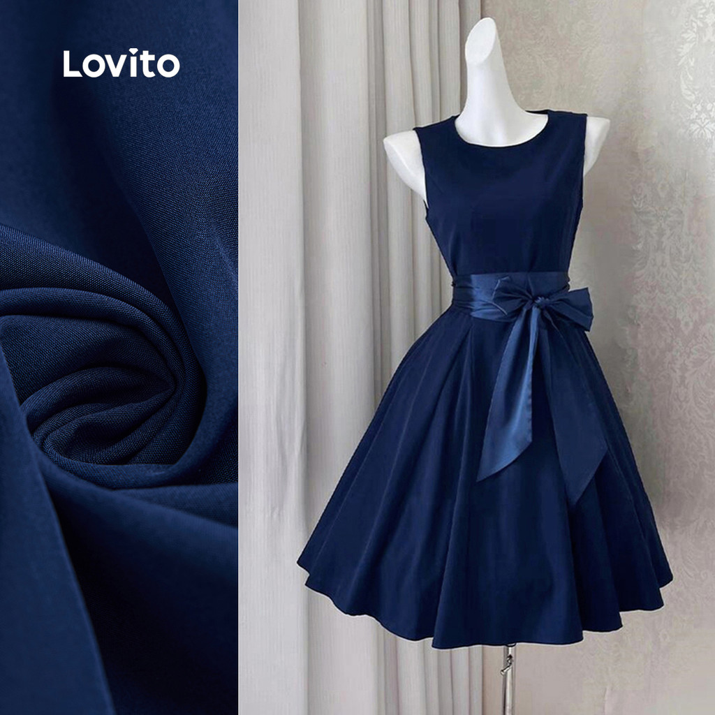 (NEW) Lovito Vestido Elegante com Fita de Contraste Costura em Tecido Primavera/verão Vestido Azul escuro L155AD289 em Oferta na Shopee