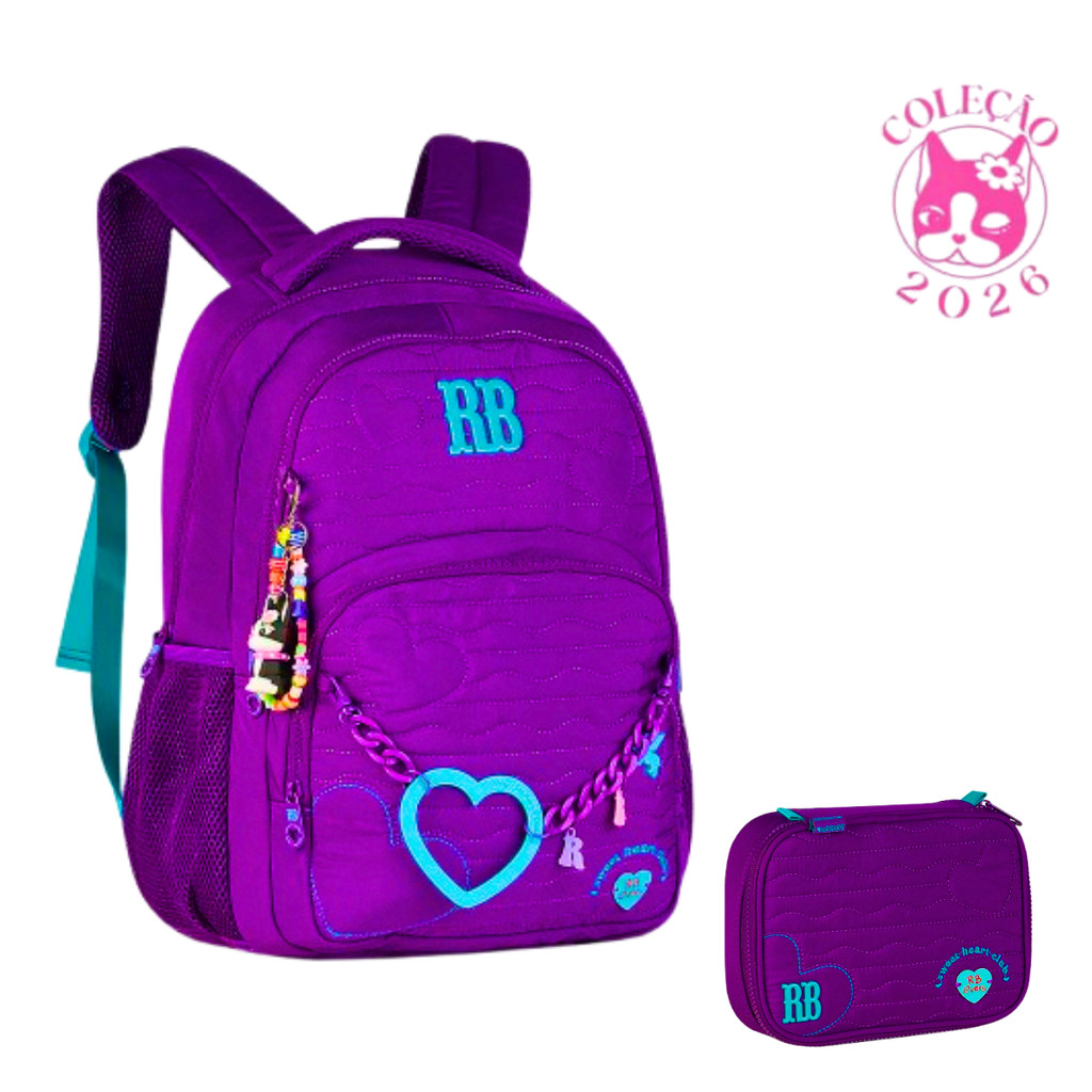 Kit Mochila de Costas e Estojo Rebecca Bonbon Heart Beats -Clio Style Cor:Roxo
